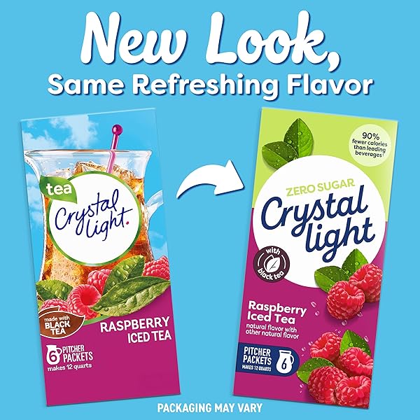 CRYSTAL LIGHT DRINK MIX, 6 PITCHER PACKETS, FOR FLAVORFUL HYDRATION AND SHAREABLE REFRESHMENT, RASPBERRY ICED TEA NATURAL FLAVOR WITH OTHER NATURAL FLAVOR, MADE WITH BLACK TEA, 1.6 OZ