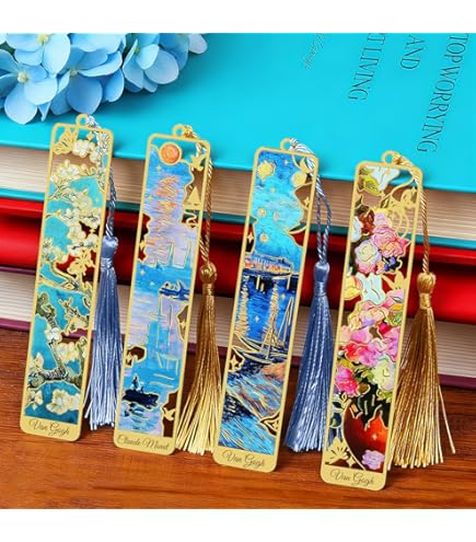 4 Pack Van Gogh Oil Painting Metal Bookmarks With Tassel - Sunflower, Roses, Water Lilies, Iris Theme For Book Lovers