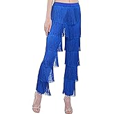 ZBH1985 Women's 7 Tier Tassel Latin Dance Pant Ballroom Dance Professional Black Adult Fringe Practice Pants