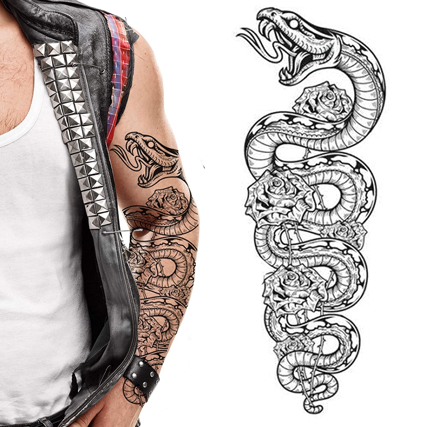 Snake python large temporary tattoo full arm roses stick on body art transfer for women and men cosplay halloween adult temp fake tattoo biker rocker fancy dress party cosplay — image 1
