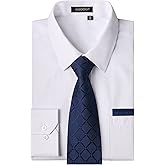 HISDERN Mens Dress Shirt with Tie Pocket Square Set Classic Button Down Shirt Matching Tie Long Sleeve Shirts