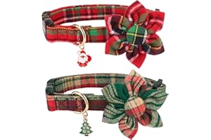 ADOGGYGO Christmas Dog Collar with Floral, Adjustable Xmas Pet Flower Collars, Red Green Plaid Dog Christmas Collars for Small Medium Large Dogs (Medium)