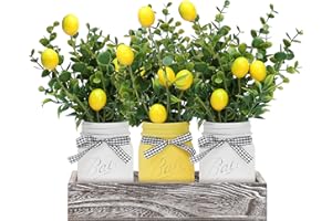 MARACCO Lemon Mason Jars Centerpiece for Table, Wood Tray with 3 Painted Jars, Dining Coffee Table Centerpiece For Kitchen, Living Room, Spring Mason Jar Decor with Lemon