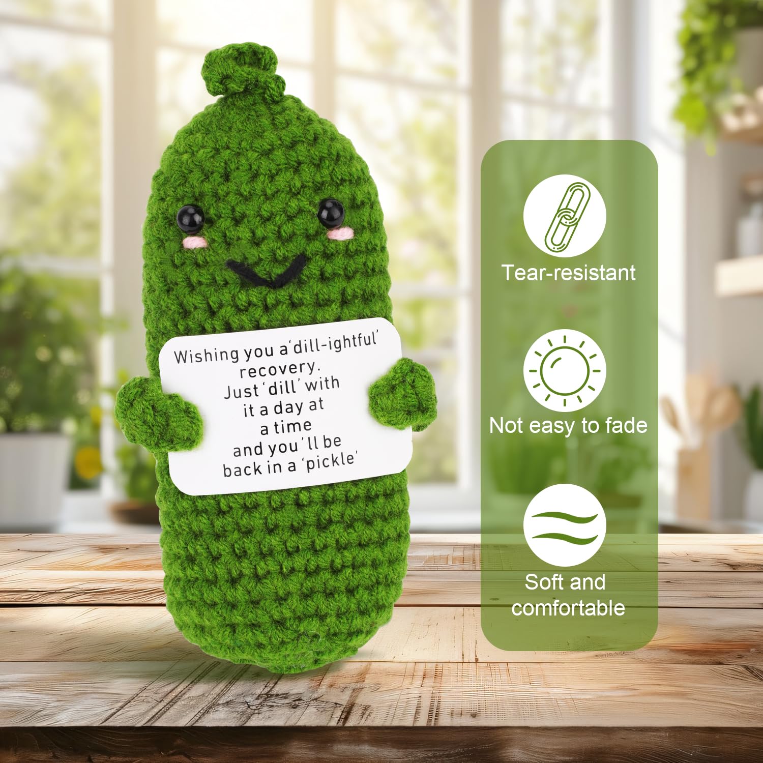 Get Well Soon Pickle, Green Funny Positive Cucumber with Card Woolen Yarn Gifts for Family & Friends After Surgery Knitted Emotional Crochet Doll Healing Gift for Encouragement Support