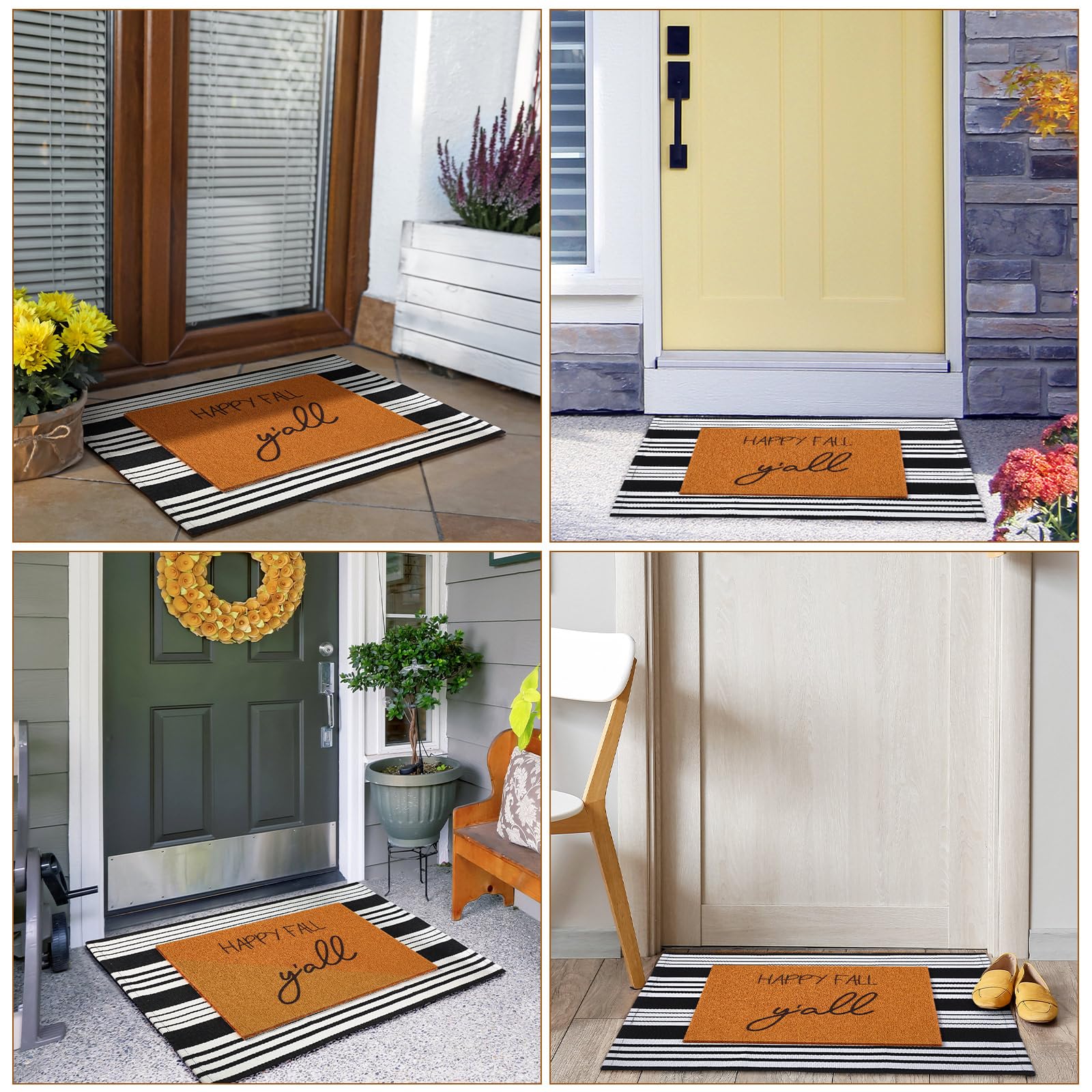 Tinideya 2 Pcs Fall Front Door Welcome Doormat Set Includes 24 x 35 Black and White Striped Mat 16 x 24 Welcome Mat Coir Door Mat Autumn Doormat Washable for Outdoor Indoor Entrance(Happy Fall) - Image 6