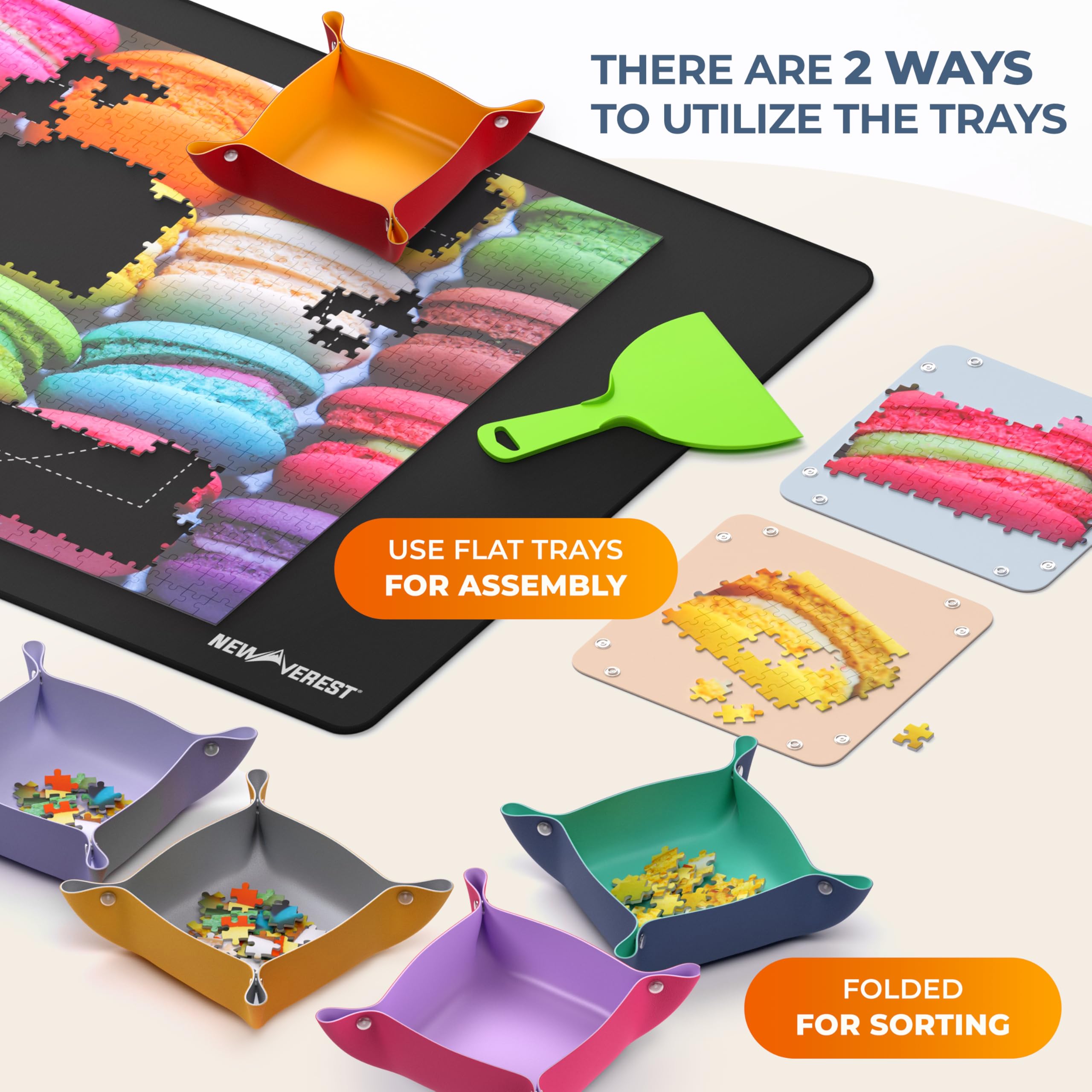 Newverest All-You-Need Puzzle Set: 8 Puzzle Sorting Trays for up to 2000 Pieces, 6 Glue Sheets, 1 Large Scraper & 2 Adhesive Hangers in Gift-Ready Packaging – Must-Have Saver Kit for Puzzle Lovers