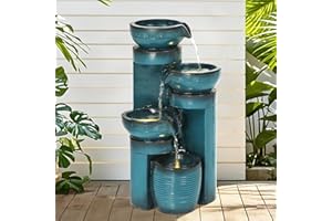 Autodaya 19.3" H Pedestal Outdoor Water Fountain with LED Lights and Pump, 4-Tier Cascading Water Feature, Tranuil Waterfall for Relaxing Garden, Patio, Yard, or Porch, Turquoise, Faux Ceramic Finish