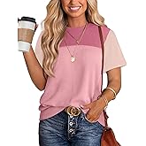 WIHOLL Womens Fashion 2026 Color Block Shirts Short Sleeve Crewneck Knitted Spring Summer Tops Casual Trendy