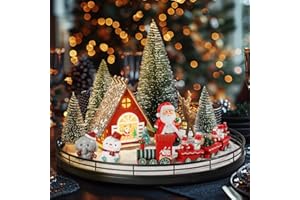 Oroyutor 12 Pcs Christmas Village Set - 13" Oak Wooden Lazy Susan with Santa Train, House & Trees – Indoor Christmas Centerpiece Decor for Holiday Coffee Table, Dining Table, or Mantel Decor