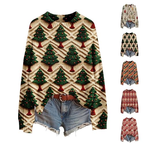 Chunky Sweater Women Thick Soft Essentials Printed Jumpers Trendy Long Sleeve Crew Neck Tops Stretch Curved Hem Warm Loose Fit Pullover Pretty Knitted Deer Plush Pullovers Autumn Winter Christmas