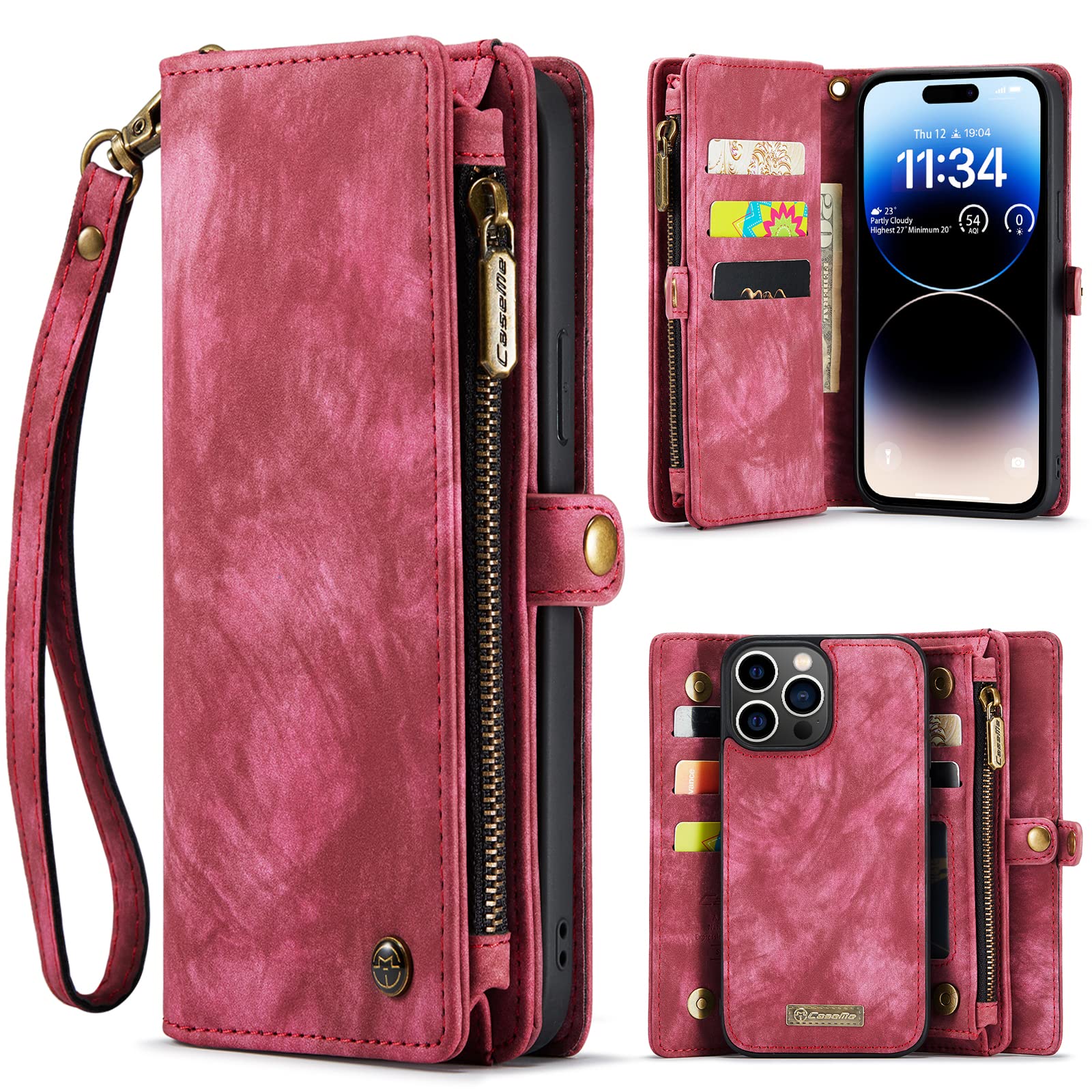 ANROD Leather Flip Wallet Case for iPhone 14 Pro Max,Detachable Back Magnetic Closure 2-in-1 Shockproof Zipper Purse Cover for iPhone 14 Pro Max,with Card Slots (Red)