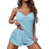 Ekouaer Womens Cami Pajama Sets 2 Piece Ribbed Knit Lingerie Sleeveless Tank Top and Shorts Camisole Pjs Sleepwear