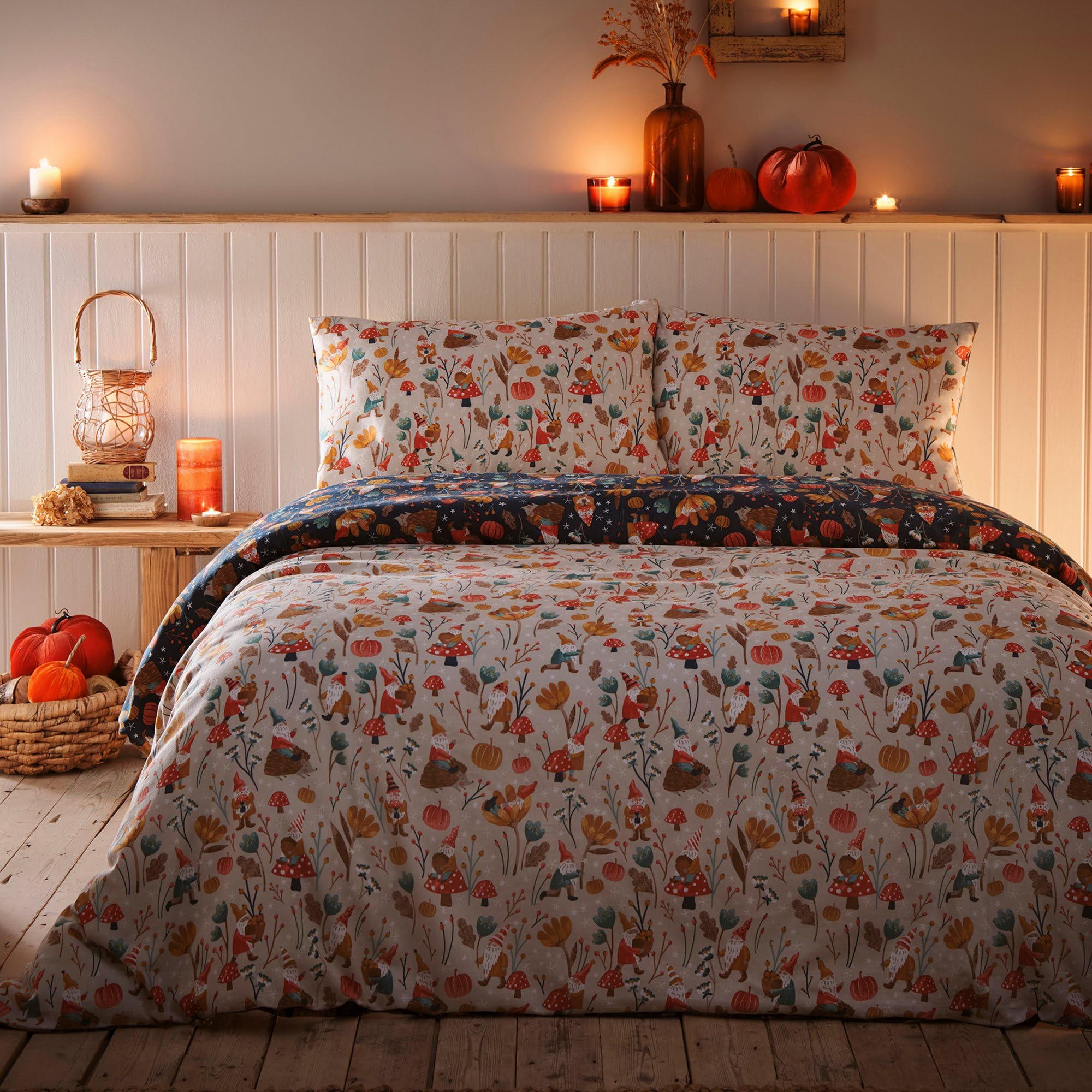Fusion - Autumn Gonks Duvet Cover - Single Bedding Size (140 x 200cm) - Reversible (2 Colours) - 1x Pillowcase Included - Woodland Bedding in Natural & Navy Blue - Mushroom & Pumpkin Duvet Cover