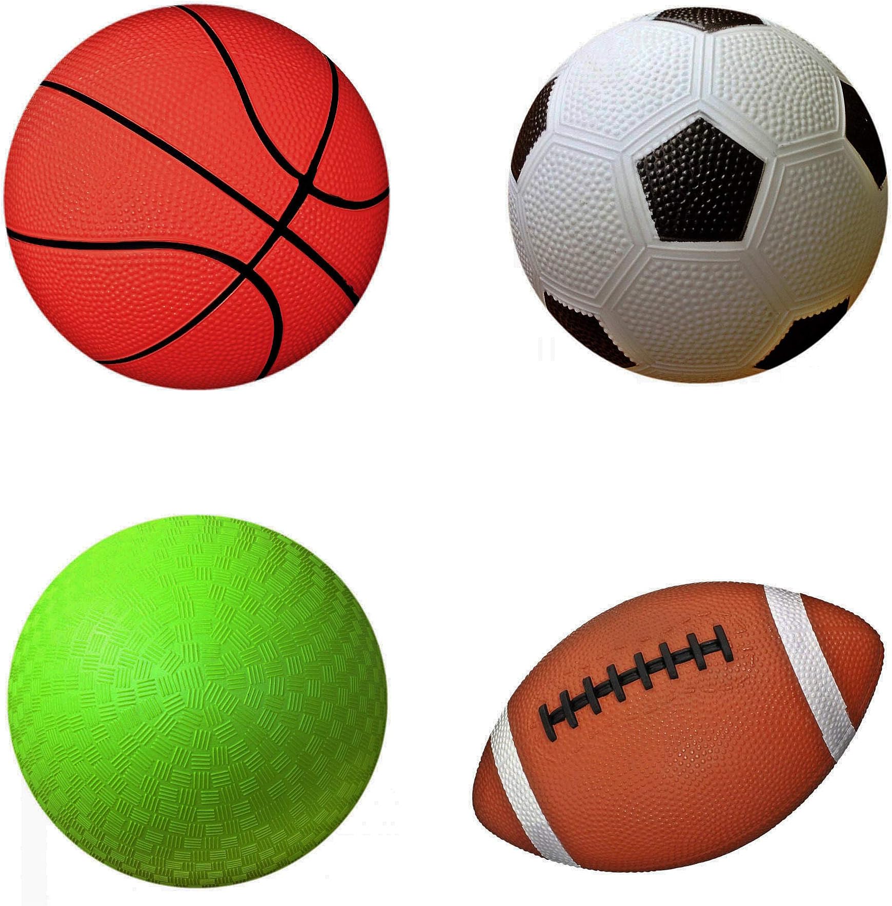 AppleRound Pack of 4 Sports Balls with 1 Pump: 1 Each of 5" Soccer Ball, 5" Basketball, 5" Playground Ball, and 6.5" Football (1-Pack, 4 Balls 1 Pump)
