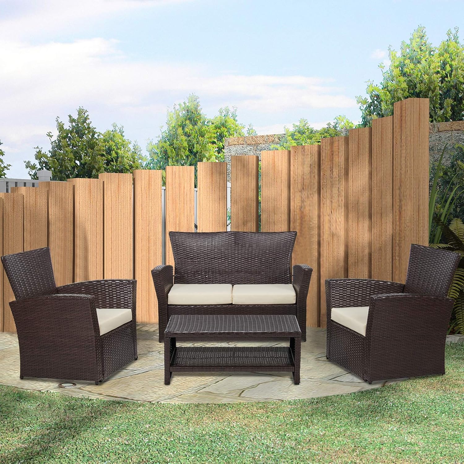 Amazon Com Laurel Canyon Outdoor Patio Furniture 4 Piece Wicker Conversation Sets Rattan Sectional Sofa Couch With Cushions And Coffee Table For Porch Deck Dark Brown Garden Outdoor