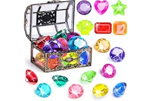 DISHIO Diving Gem Pool Toys 16PCS Large Swimming Pool Toy Set with Pirate Treasure Box Chest for Kids&Toddlers Underwater Sinking Dive Gems Colorful Diamond Diving Toys for Swimming Training