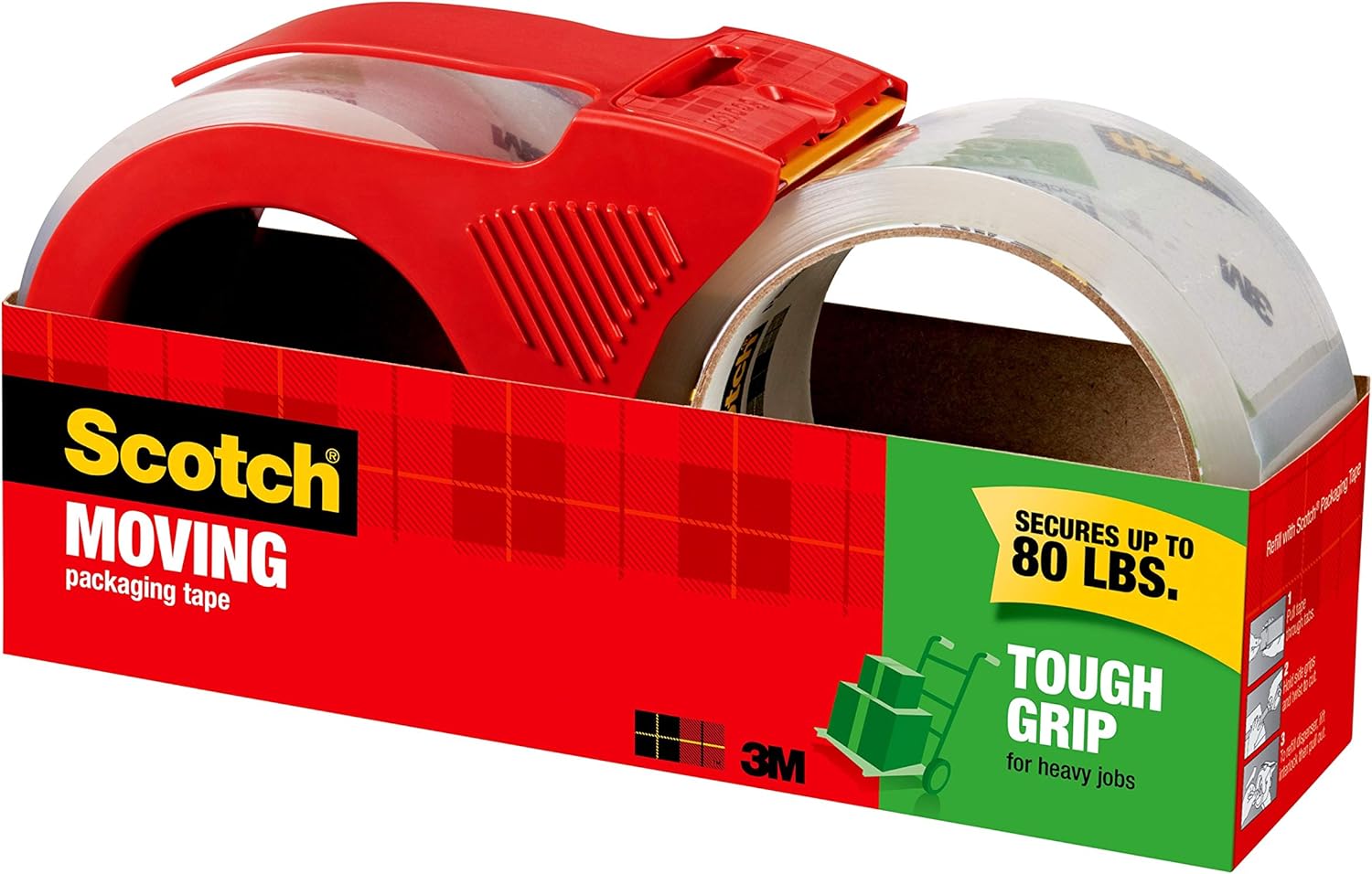 Scotch Tough Grip Moving Packaging Tape, 1.88 in. x 54.6 yd., 1 Dispenser and 1 Refill Roll/Pack : Office Products