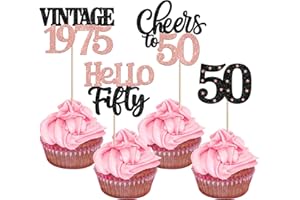 ZHUOWEISM 24 PCS Happy 50th Birthday Cupcake Toppers Star 50 Hello Fifty Vintage 1975 Cupcake Picks Cheers to 50 Years Decorations for him 50th Birthday Anniversary Party Cake Decorations Supplies Rose Gold