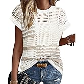 Gleeneat Womens Crochet Hollow Out Sweater Short Sleeve Summer Boho Crewneck Color Block Knit Tops 2026 Casual Beach Shirts
