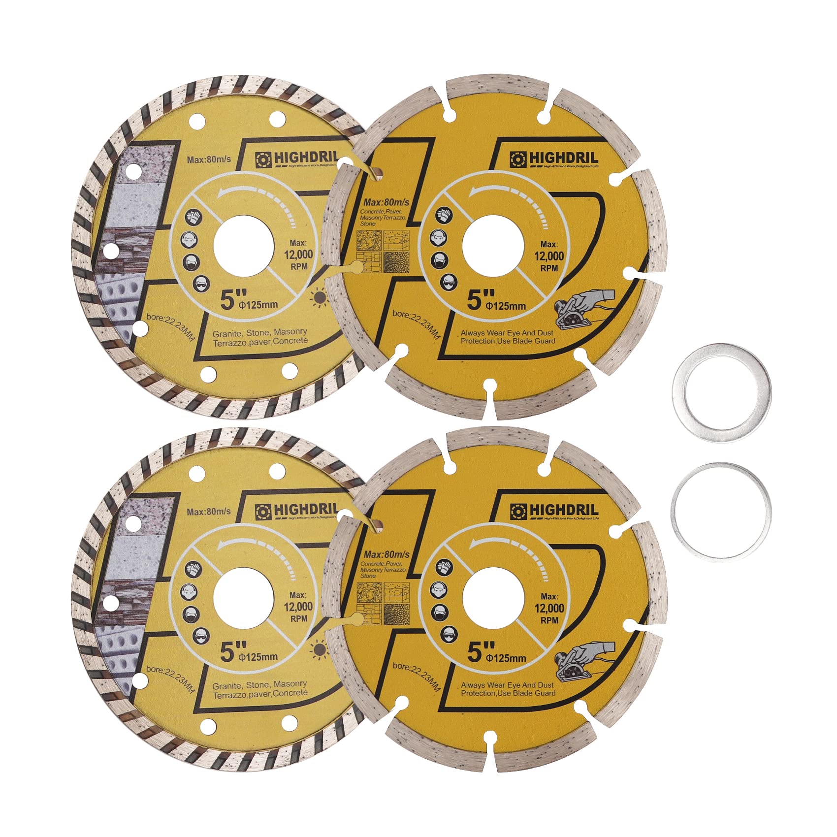 HIGHDRIL Diamond Saw Blades - 125MM /5inch Diamond Cutting Disc for Tile, Ceramic, Concrete, Marble, Stone, Granite,Terrazzo, Masonry 4pcs