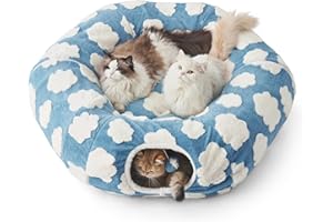 LE SURE Lesure Large Cat Tunnel Bed - Cute Donut Bed for Indoor Cats with Washable Circle Cushion, Round Pet Peekaboo Cave Toy for Multi Kitten/Puppy/Rabbit, Large Cozy Clouds Blue