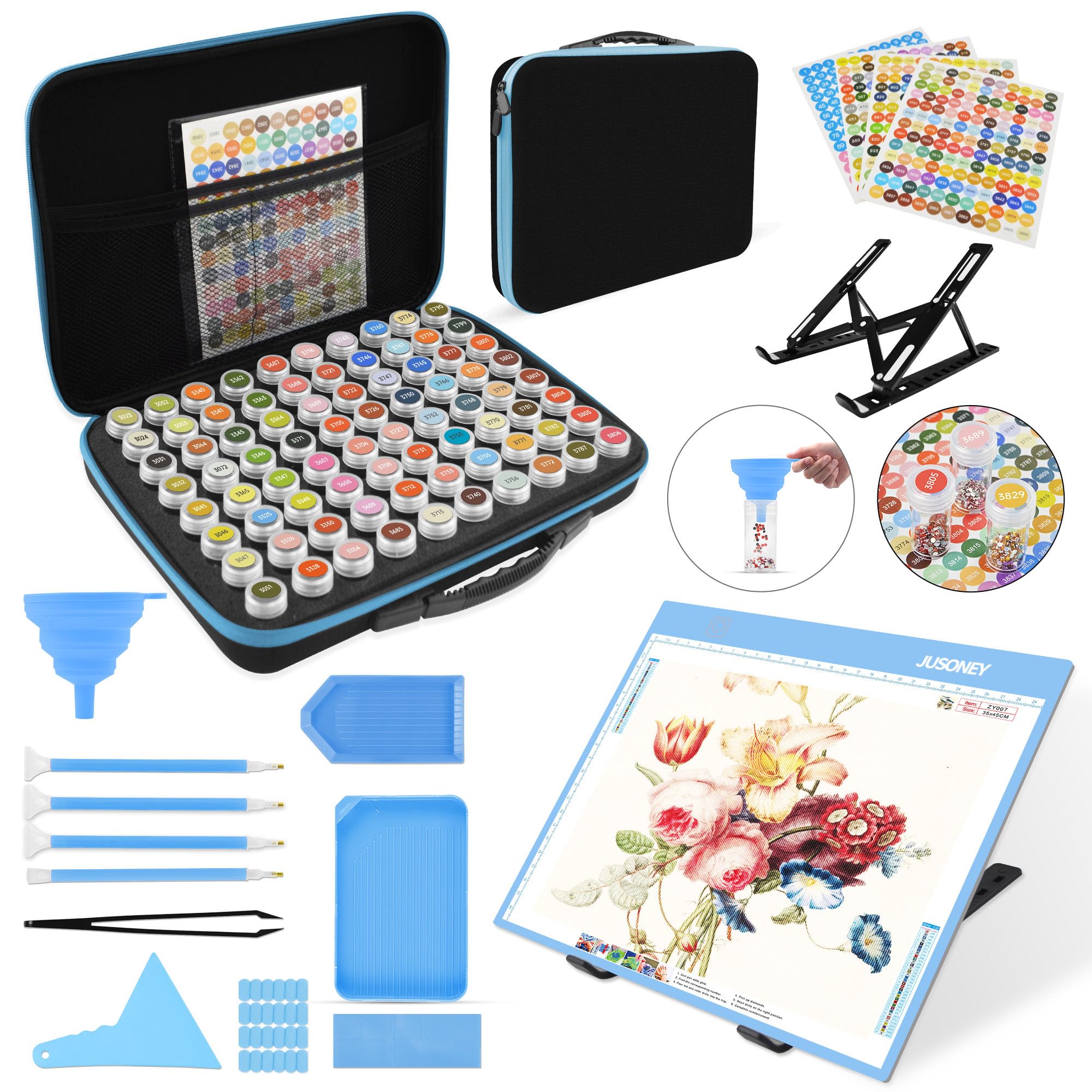 JUSONEY Diamond Painting Storage Boxes,1 Diamond Painting Kit A4 Tracing Light Box with 3 Brightness, 80 Slots Bead Storage with 5D Diamond Art Accessories and Tools Kit