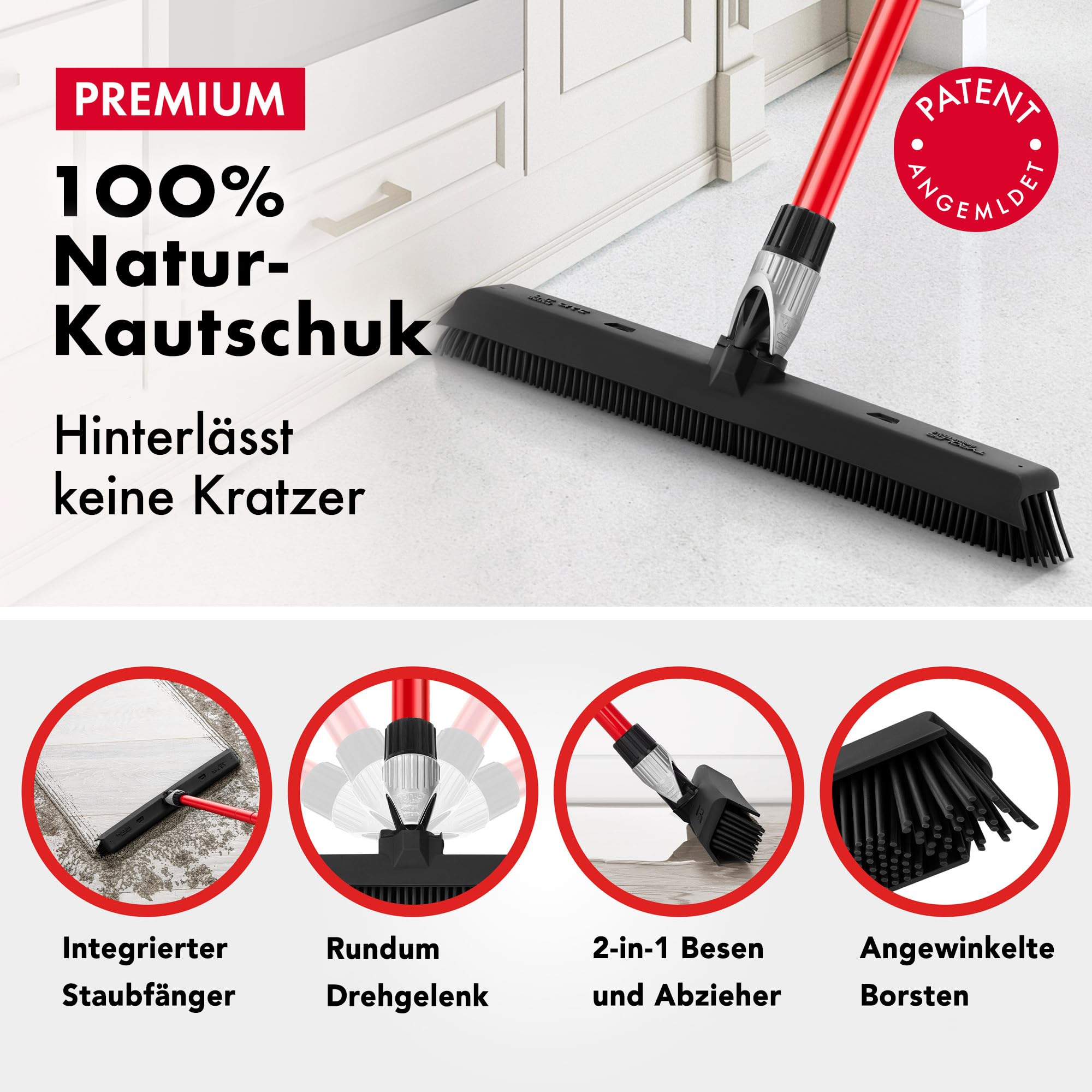 Tyroler Gummibesen & Bodenabzieher | Kehrbesen-Kopf aus 100% Naturkautschuk 41 cm | Besen mit Stiel und 140 cm Anti-Rost-Griff | Gummi-besen mit Abzieher | Gummibesen mit Stiel | Gummibesens Tierhaare 2