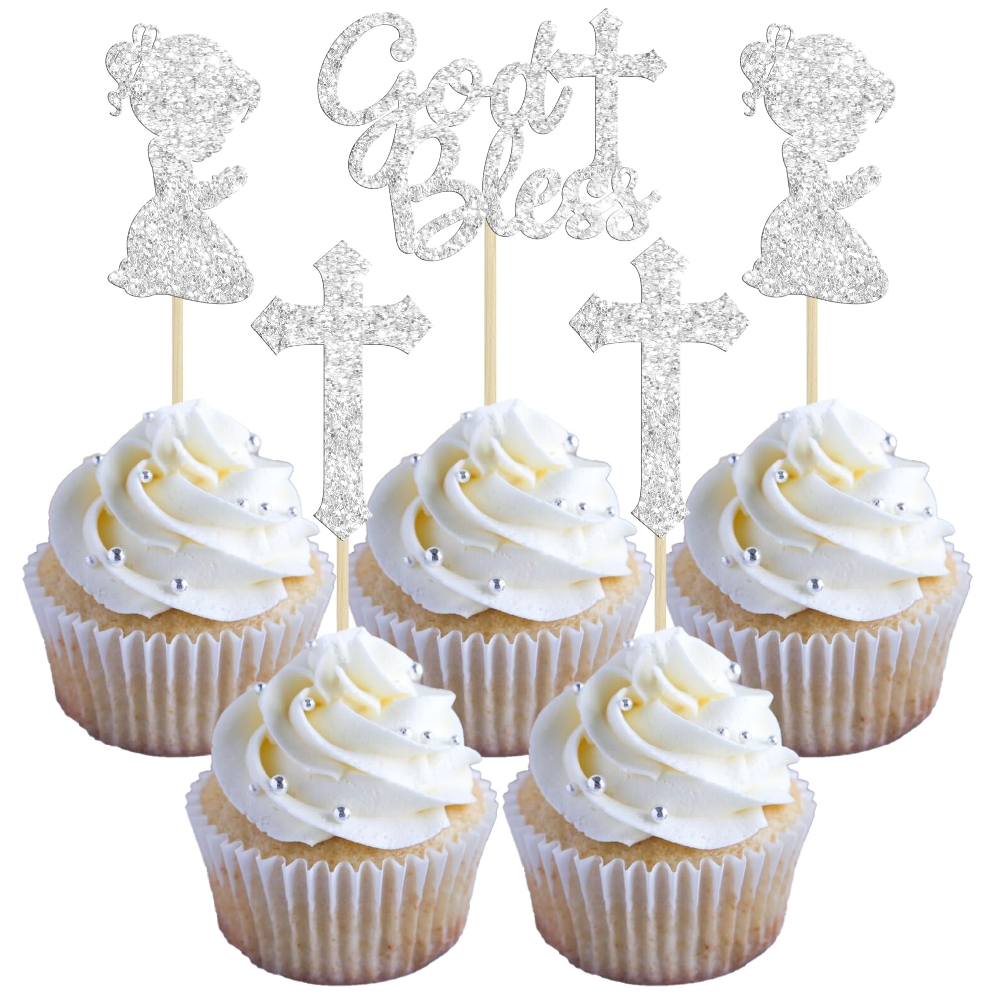 Gyufise 24Pcs Girl silver Bless and Baptism Cupcake Toppers Glitter Cross Cupcake Picks First Communion Christian Baptism Theme Party Cake Decorations Supplies Silver