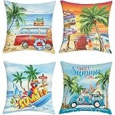 Joymaison Summer Beach Palm Tree Throw Pillow Covers 18x18 Inch Set of 4 Gnome Truck Parrot Seaside Scenery Cushion Covers Home Decor for Couch Cushion Cases