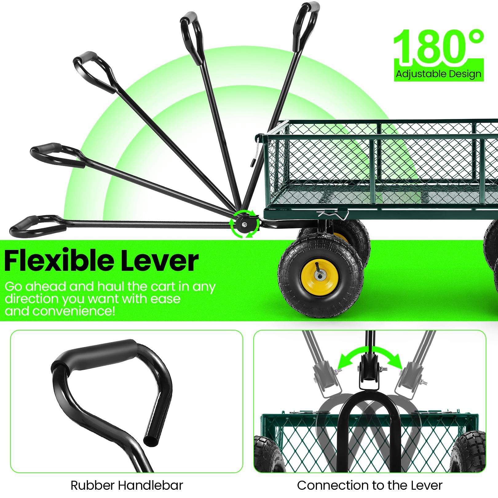 TEANDE 680Lb Garden Cart with Removable Mesh Sides to Convert into Flatbed, Utility Metal Wagon with 180° Rotating Handle, 10 inch Tires, Portable for Yard, Farm, Beach (Green, Without Oxford Cloth)