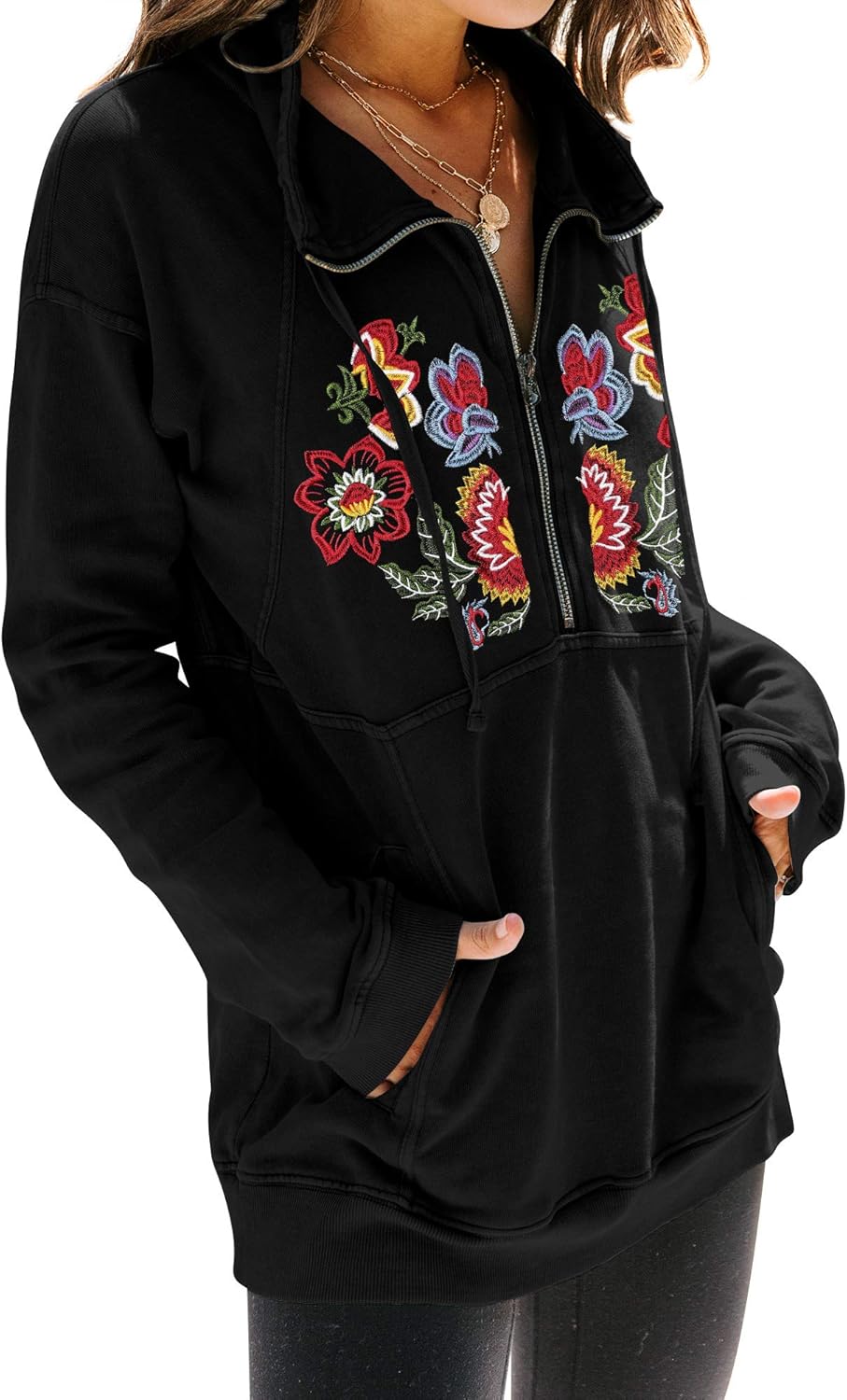 MYMORE Women's Floral Embroidery Shirt Drawstring Half Zip Up Long Sleeve Pullover Sweatshirt Top with Pockets at  Women’s Clothing store