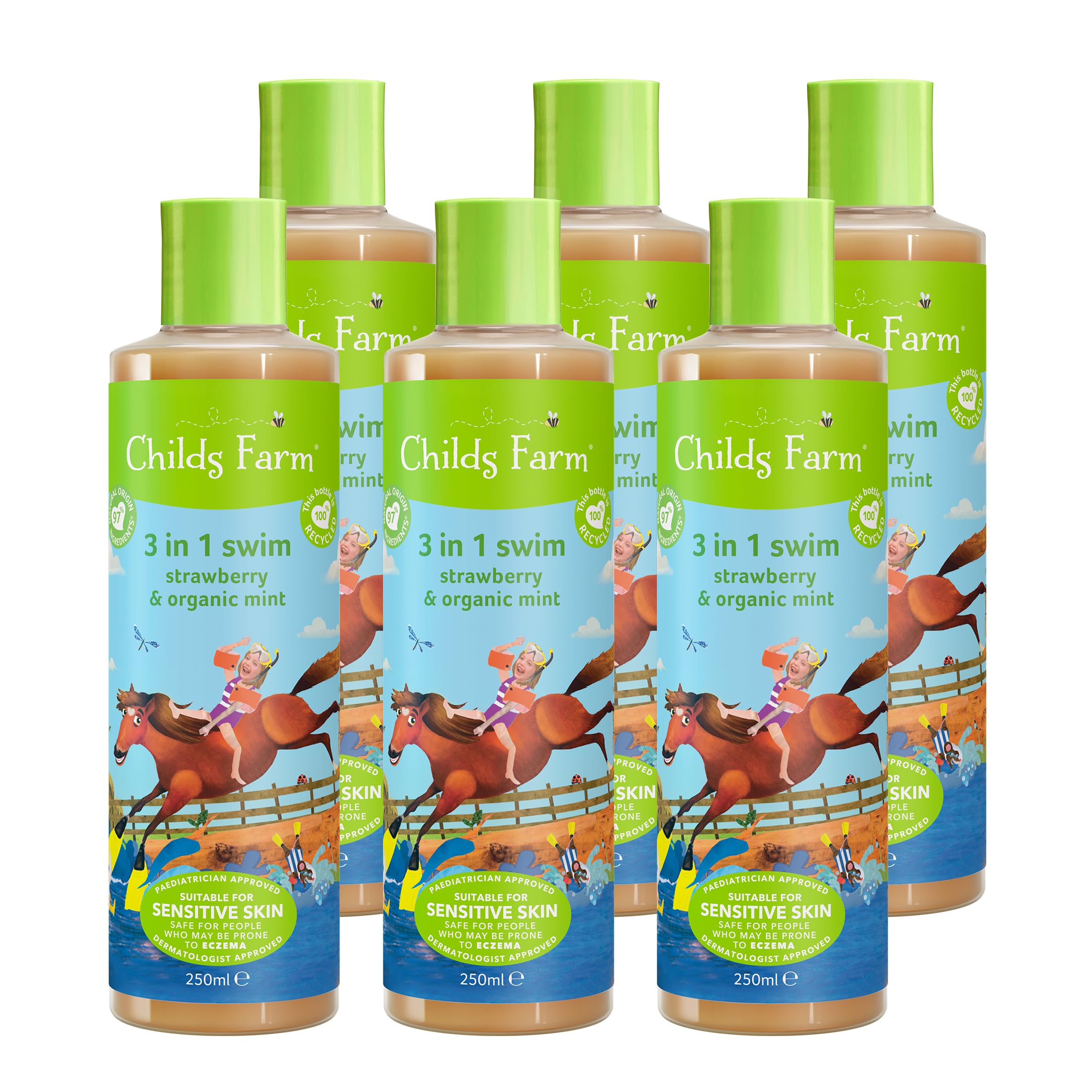 Childs Farm | Kids 3 in 1 Swim | Strawberry & Organic Mint | Body Wash, Shampoo & Conditioner | Suitable for Dry, Sensitive & Eczema-prone Skin | Multipack of 6 x 250ml
