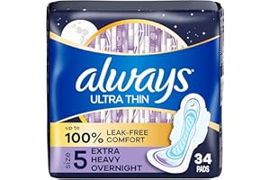 Always, Ultra Thin Pads For Women, Size 5, Extra Heavy Overnight Absorbency With Wings, 34 Count