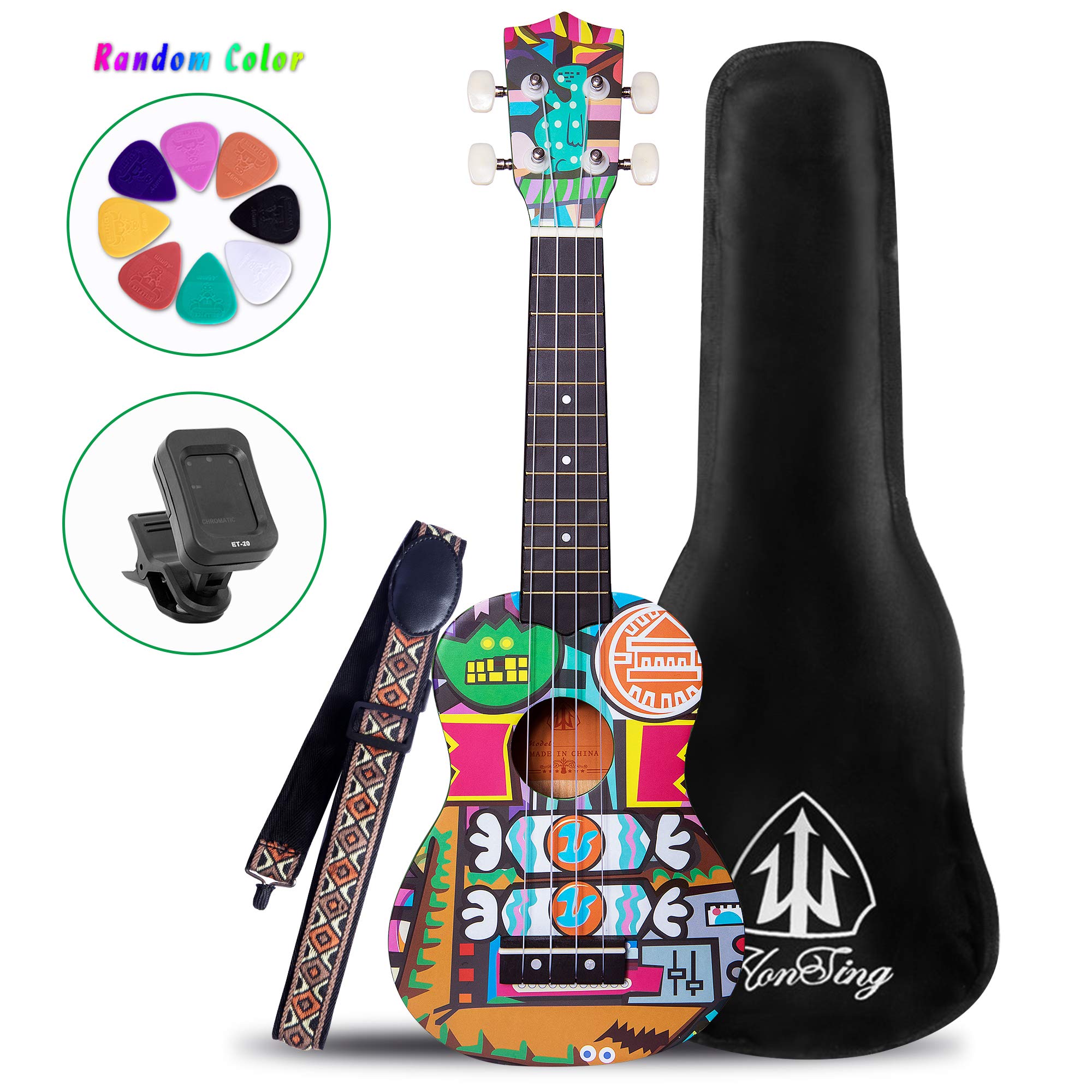 honsing Soprano Ukulele Kit with Gig Bag,Tuner,Strap and Pick,Novelty Doodle Tattoo