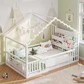 DICTAC Twin Montessori Floor Bed with Storage Bookshelf and Globe String Lights House Metal Floor Bed for Kids with Safety Guardrail &amp; Solid Wood Slats,Kids Floor Twin Beds with Storage Pockets,White