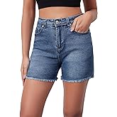 Metietila Casual Jean Shorts for Women High Rise Frayed Raw Hem Stretchy Denim Shorts with Pockets