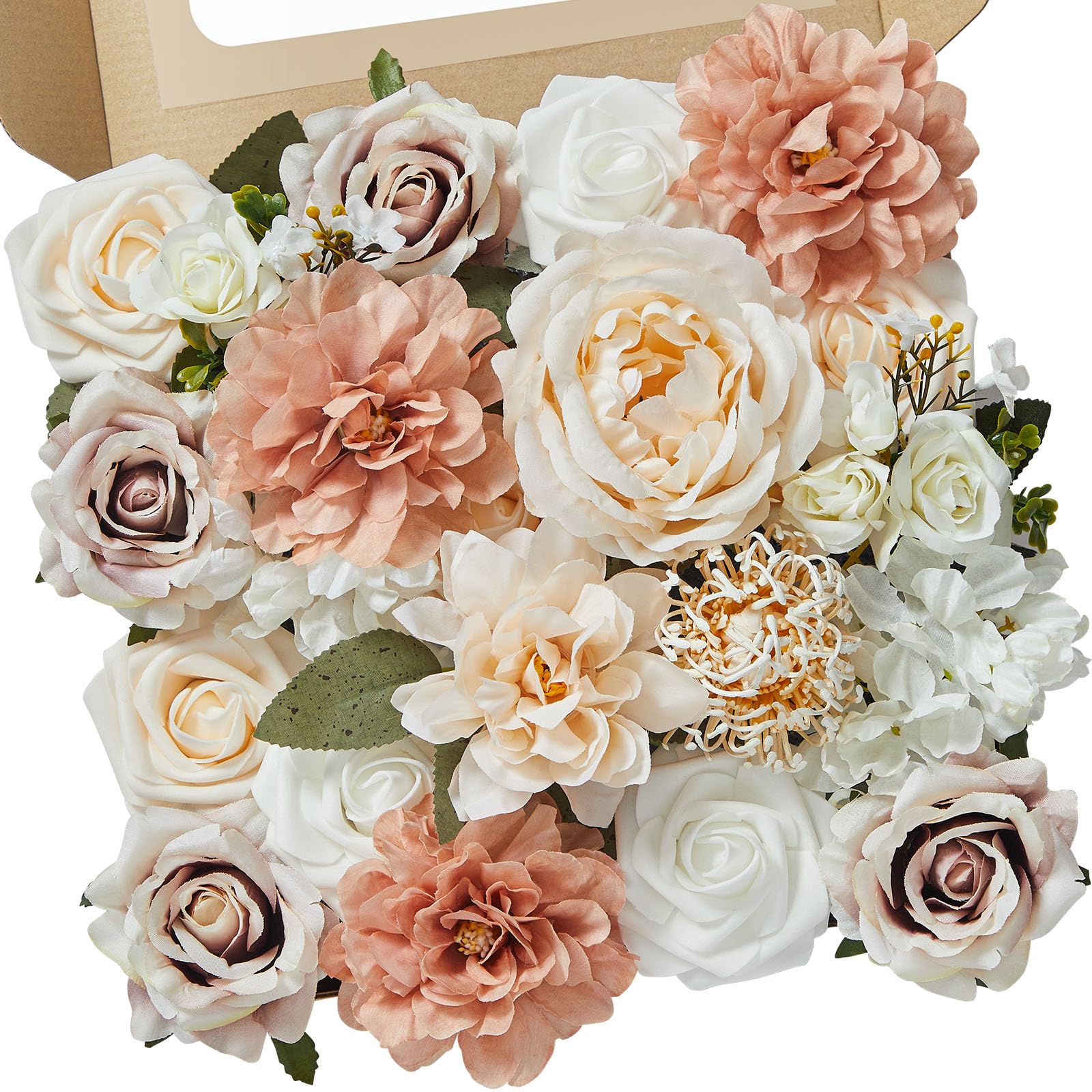 Serwalin Artificial Flowers for Cake Bridal Bouquet Table Centerpieces for Thanksgivings Day Terracotta Champagne Peony Roses Wedding Flowers Combo Fake Boho Flowers for Home Decor