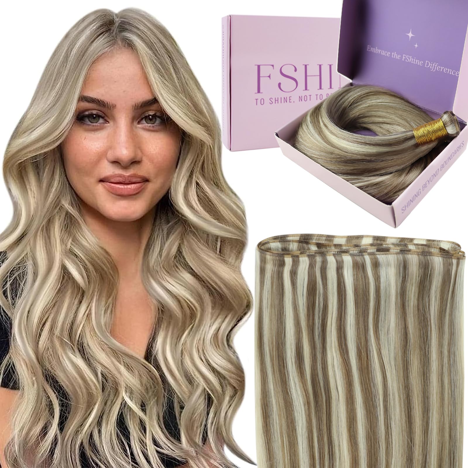 Fshine Weft Hair Extensions Real Human Hair Light Brown Highlighted Platinum Blonde Sew In Human Hair Extensions Remy Hair 18 Inch Weft Human Hair Extensions 50g — image 1