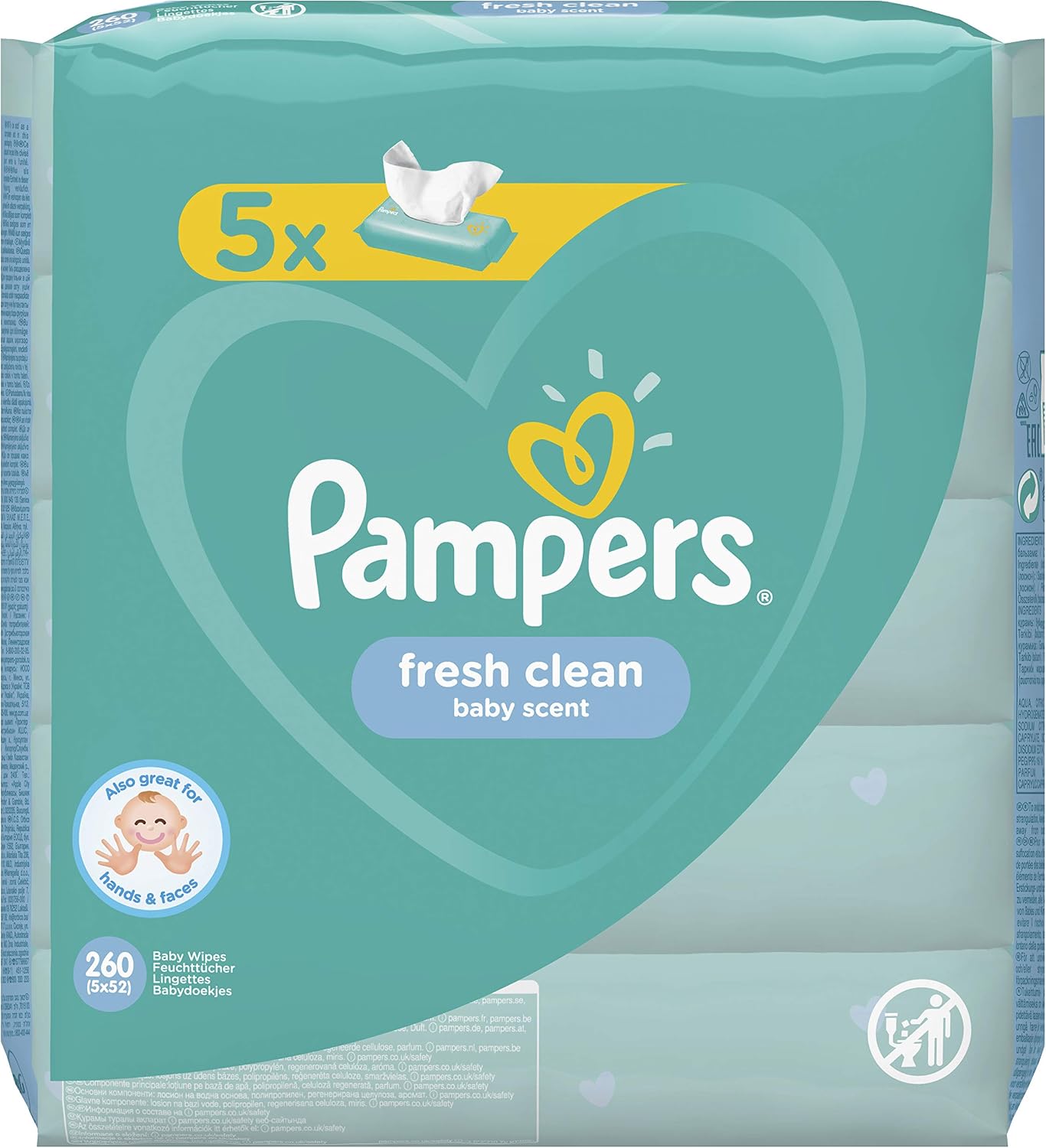 Pampers Fresh Clean Wet Wipes 5 Packs of 52 = 260 Wet Wipes, Mild Fragrance, Also Suitable for Hands and Face