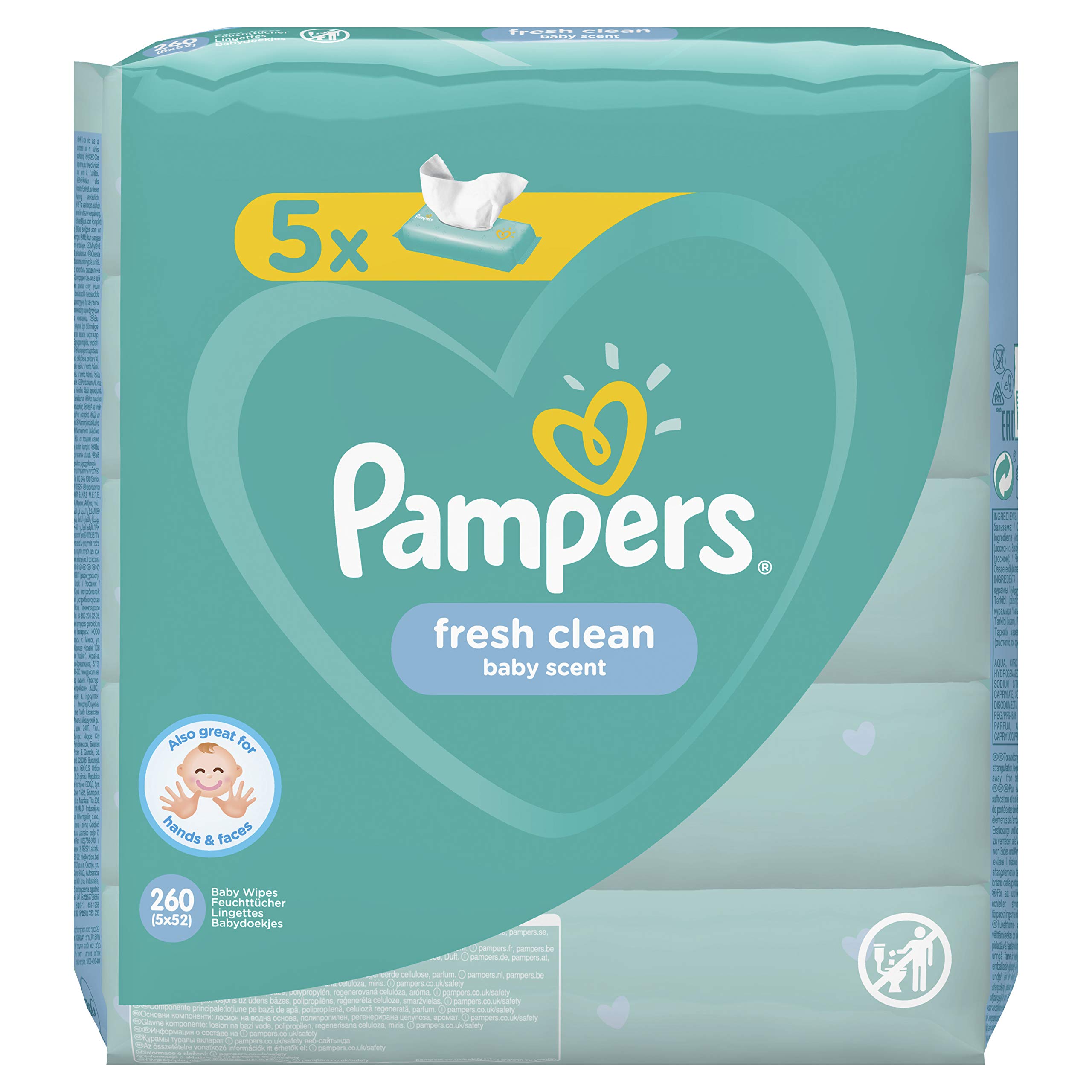 Pampers Fresh Clean Wet Wipes 5 Packs of 52 = 260 Wet Wipes, Mild Fragrance, Also Suitable for Hands and Face