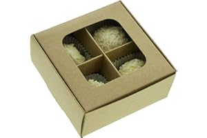 GRETEL BAKING 20pcs Kraft Treat Boxes with Window and Dividers | 4 X-SMALL compartments | 3.5 x 3.5 x 1.57 in | Empty candy boxes for gift giving, truffle box - perfect for Valentine's Day