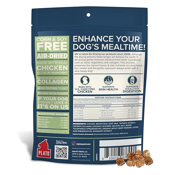 PLATO PET TREATS DOG FOOD TOPPERS – AIR-DRIED DOG FOOD TOPPERS FOR DRY FOOD – WITH COLLAGEN TO SUPPORT SKIN AND COAT HEALTH – GOAT MILK & COLLAGEN RECIPE 12OZ