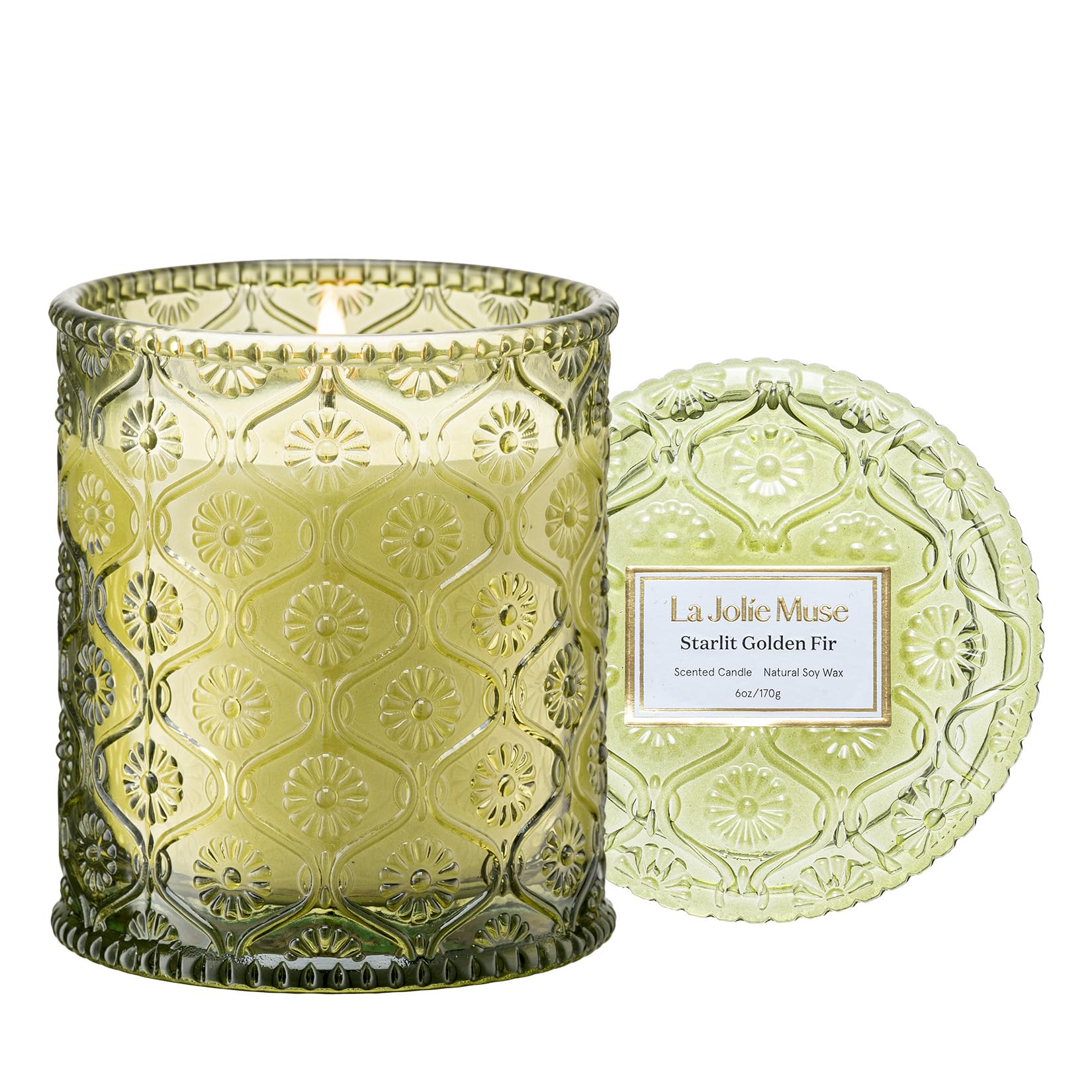 LA Jolie Muse Starlit Golden Fir Candle - Cedarwood, Patchouli, Fir Balsam | 6 oz Natural Soy Wax | 40 Hours Clean Burn | Balsam and Fir Candle | Gift-Ready for Hosts & Gatherings