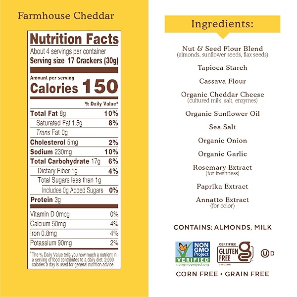 SIMPLE MILLS ALMOND FLOUR CRACKERS, FARMHOUSE CHEDDAR – GLUTEN FREE, HEALTHY SNACKS, PLANT BASED, 4.25 OUNCE (PACK OF 1)