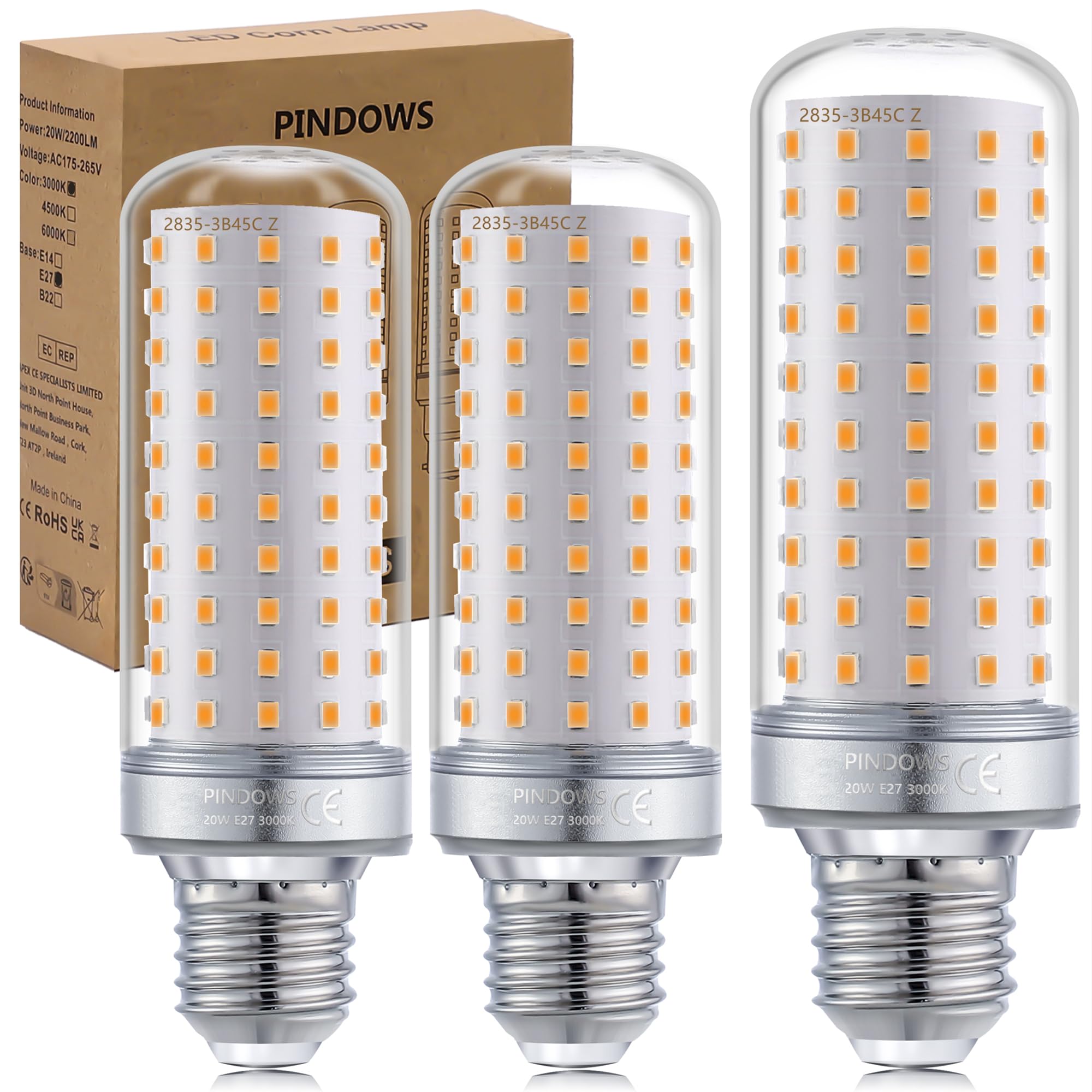 PINDOWS 20W LED Bulbs E27 Warm White 3000K,LED Light Bulbs LED Corn Bulbs 200W Incandescent Bulbs Equivalent,High Bright 2200LM Can Replace 150W~200W Incandescent Light,CRI 85,Non-Dimmable,3-Pack