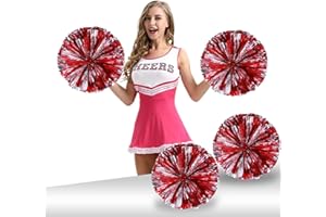 UEERDAND Pack of 4 Cheerleading Pom Poms Foil Plastic Metallic Cheerleader Pom Poms for Cheer Sport Kids Adults Team Spirit Cheering (Red/Silver)