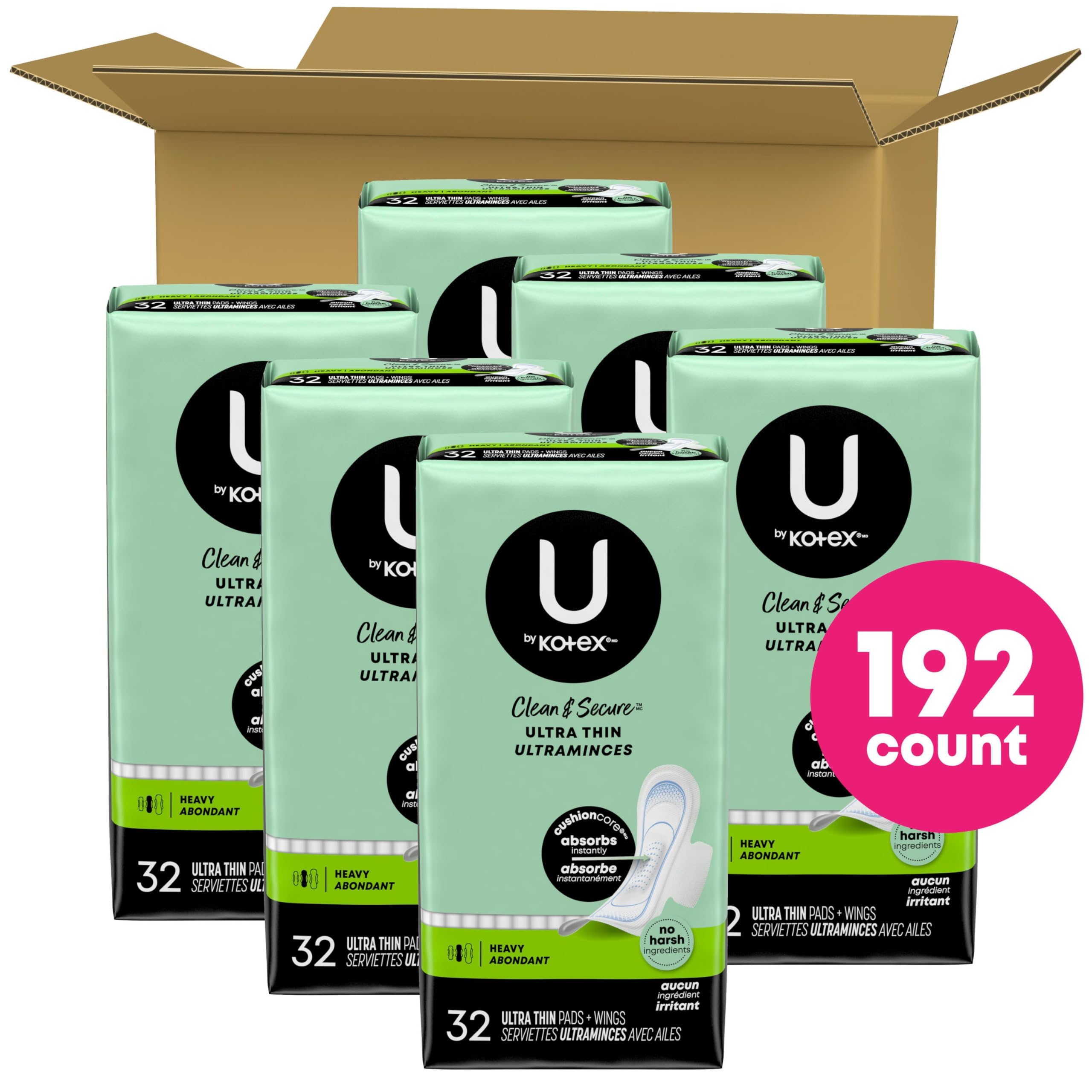 U by Kotex Clean & Secure Ultra Thin Pads with Wings, Heavy Absorbency, 192 Count (6 Packs of 32) (Packaging May Vary)