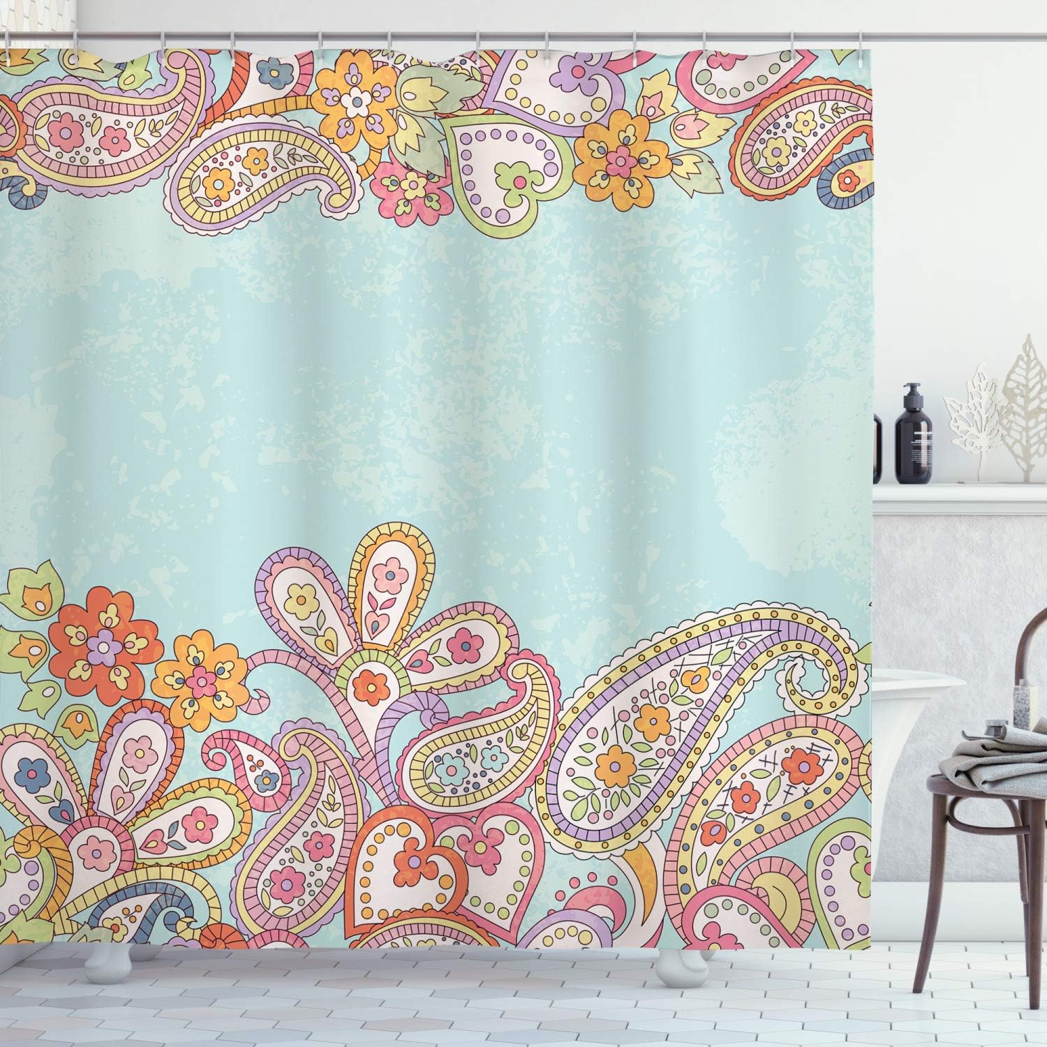 Fabric Bathroom Decor Set With Hooks Teal Lavender Ambesonne Floral Shower Curtain 84 Inches Extra Long Hand Drawn Ornamental Horizontal Pattern Traditional Paisley On Vintage Background Shower Curtain Sets Home Kitchen