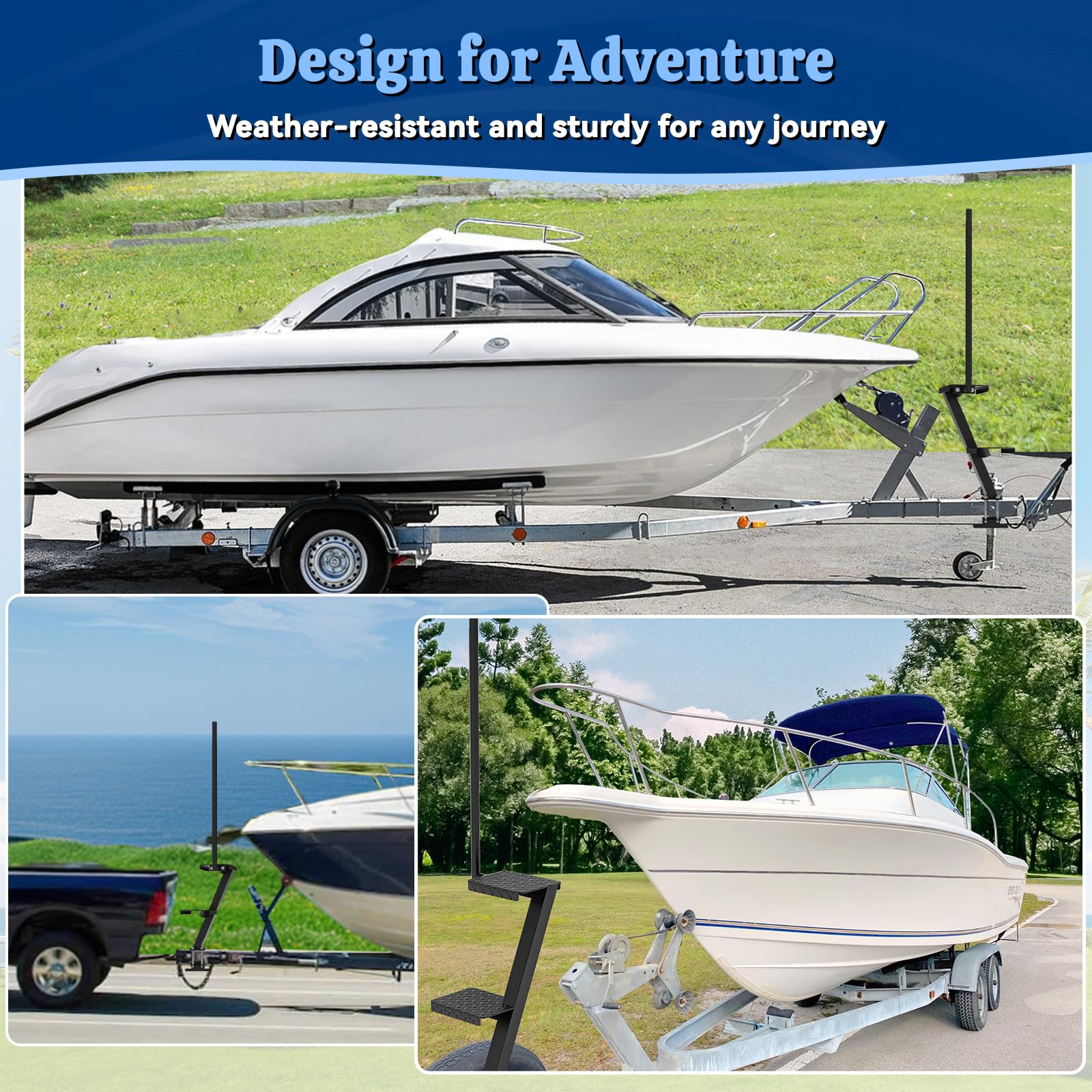 Sliandtelly Boat Trailer Step with Handle - Heavy Duty Anti-Slip, Rust-Proof Boarding Steps for Front Tongue Frame, Easy Install with Mounting Hardware Fits Bass & Pontoon Boats
