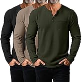 August Alley 3 Pack Men's Waffle Henley Long Sleeve Thermal Shirts, Lightweight Casual Undershirts Pullover Tops with Pockets